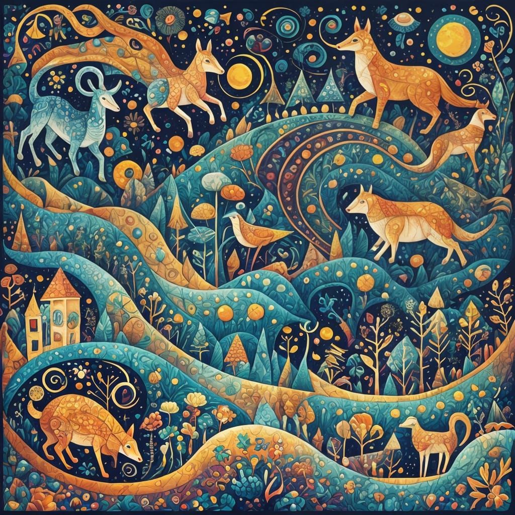 Abstract Folk Art with Isometric Fractal Patterns