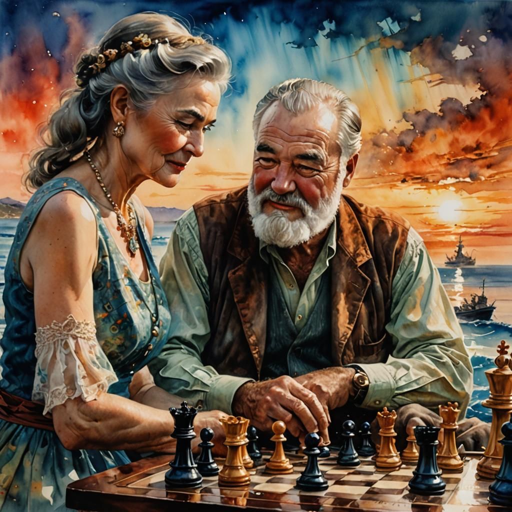 Ernest Hemingway and his wife playing Chess