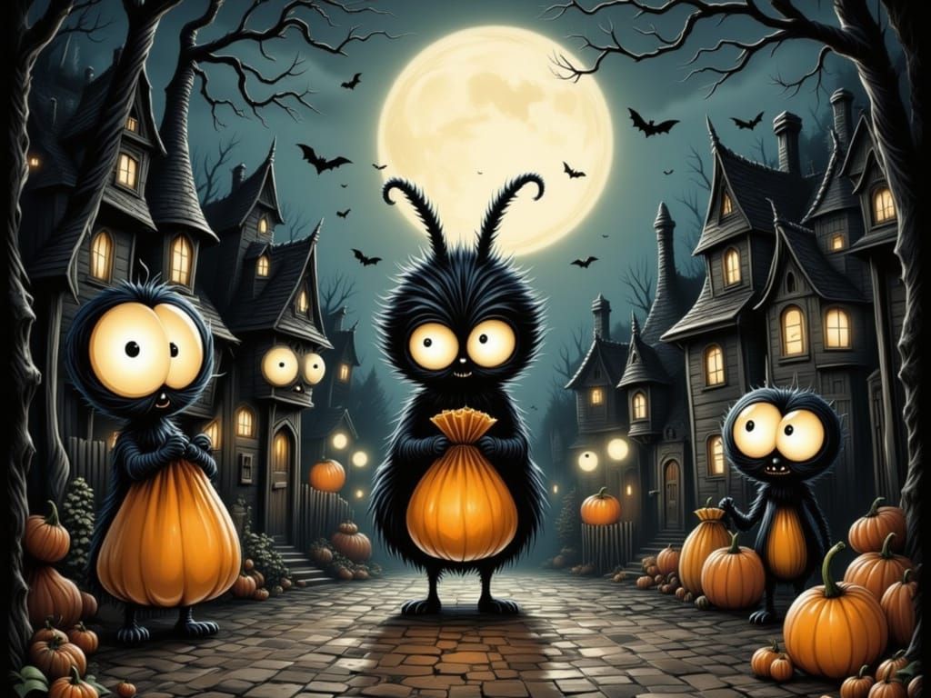 Whimsical Halloween Creatures with Candy Bags Under Luminous...