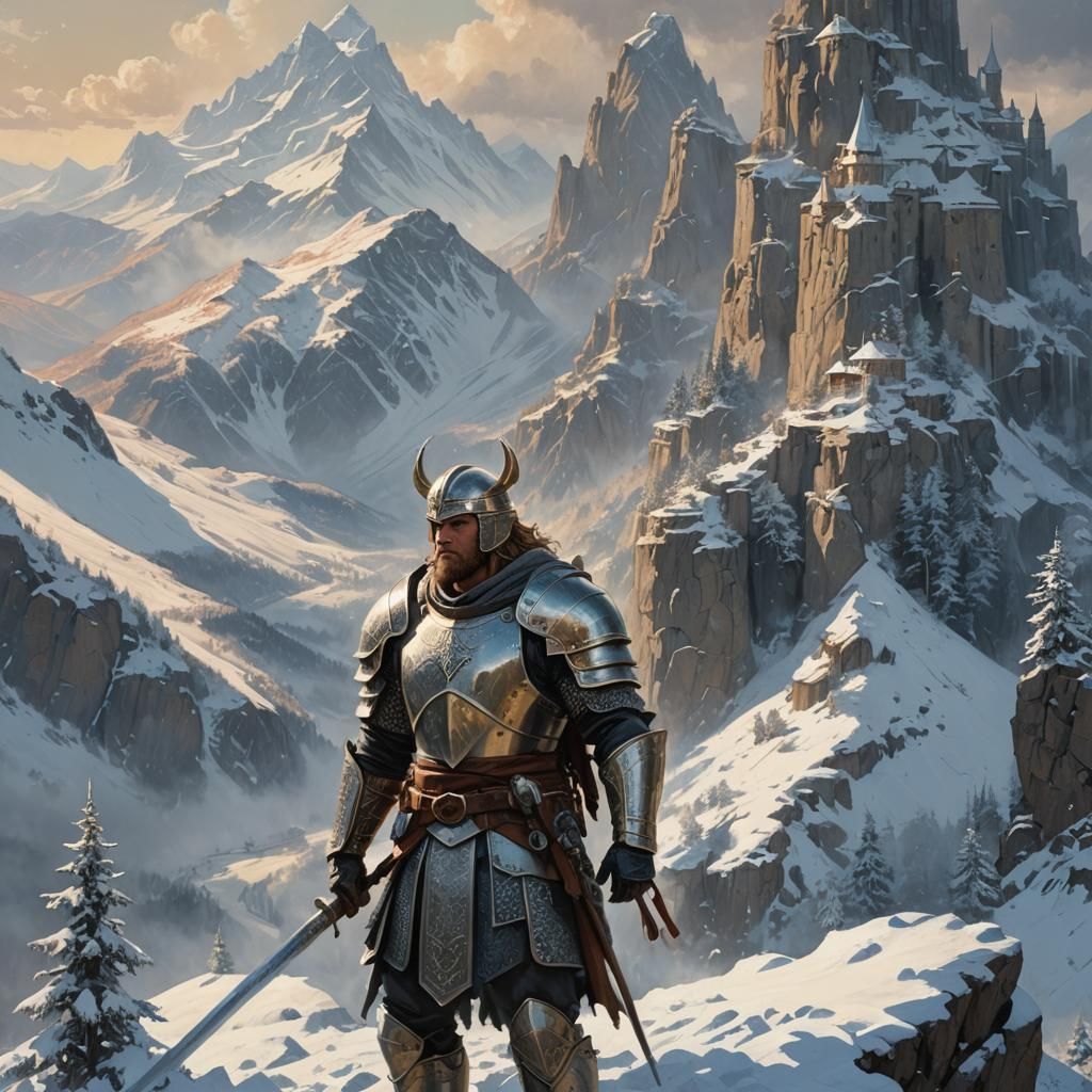 Regal Warrior in Snow Landscape, Fantasy Art