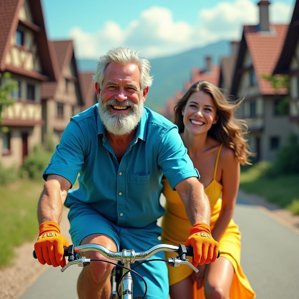 Joyful Couple on Bicycle Ride Through European Village