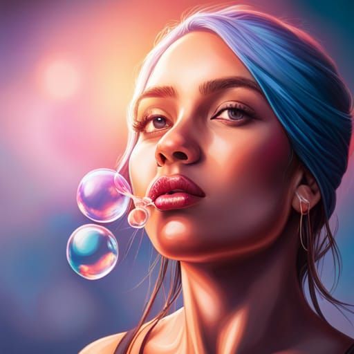 Hyperrealistic Girl Blowing Bubbles in Splash Art Style