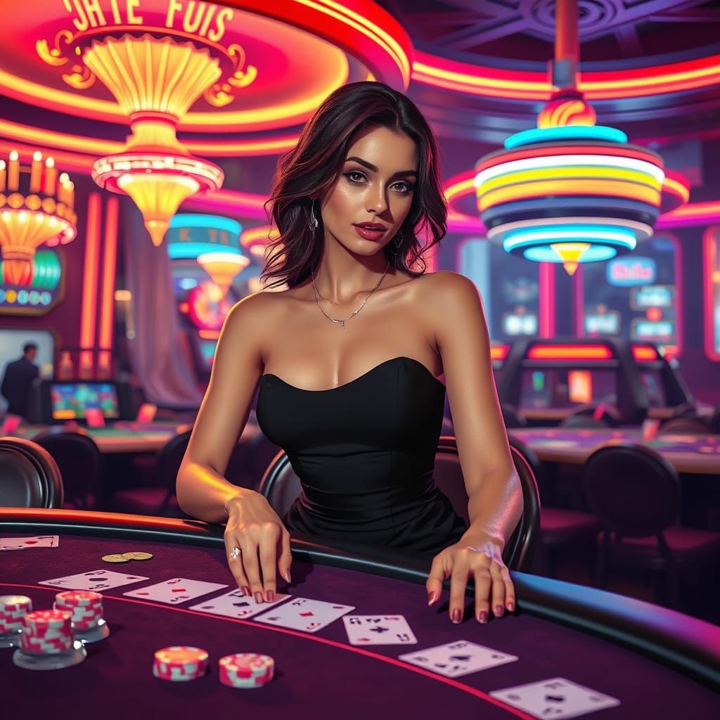 Woman Plays Blackjack in Cyberpunk Casino