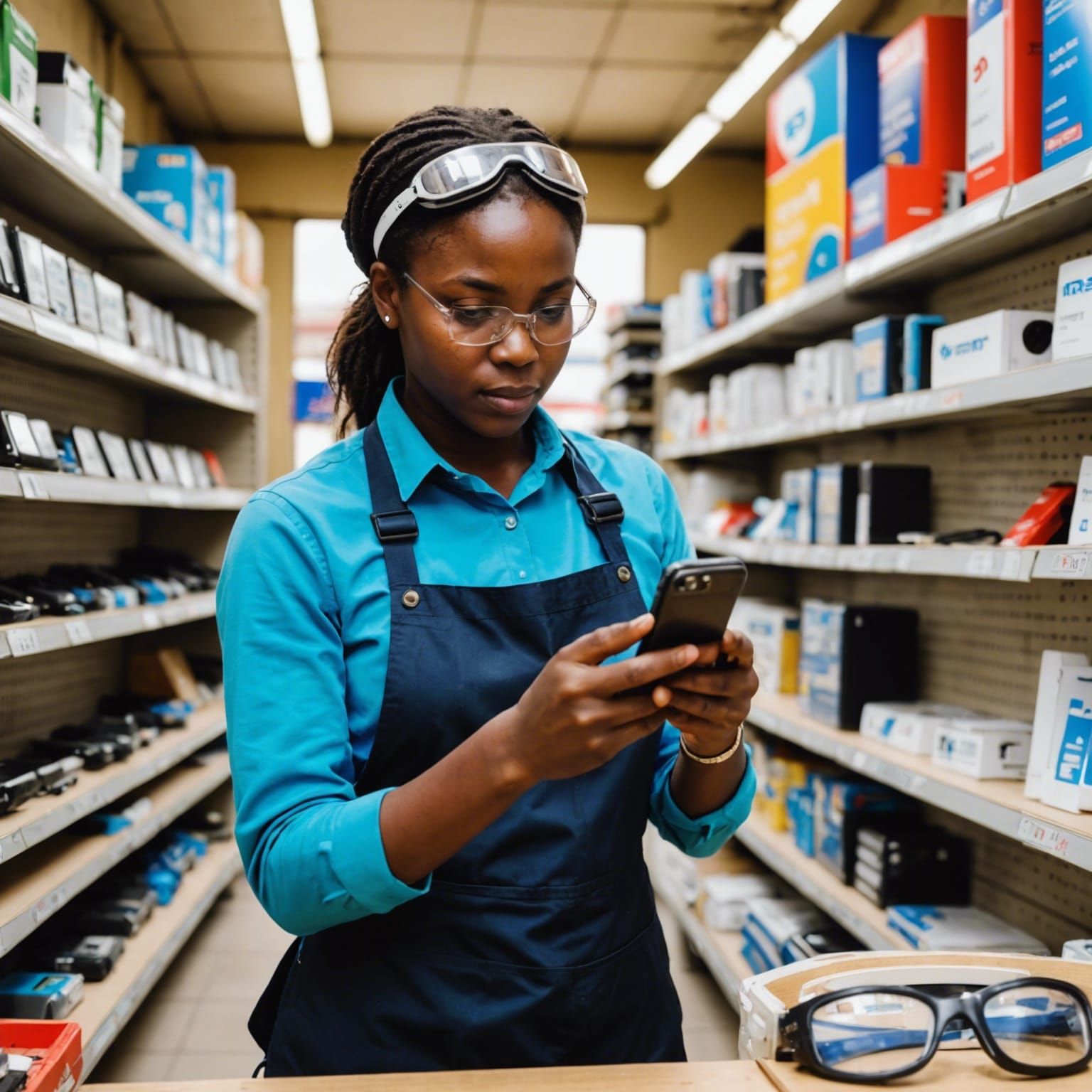 Kenyan Woman Repairs Phone in Sunny Shop