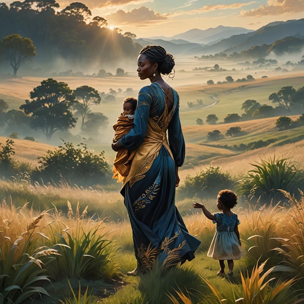 Black Mother and Baby in Field: Fantasy Painting