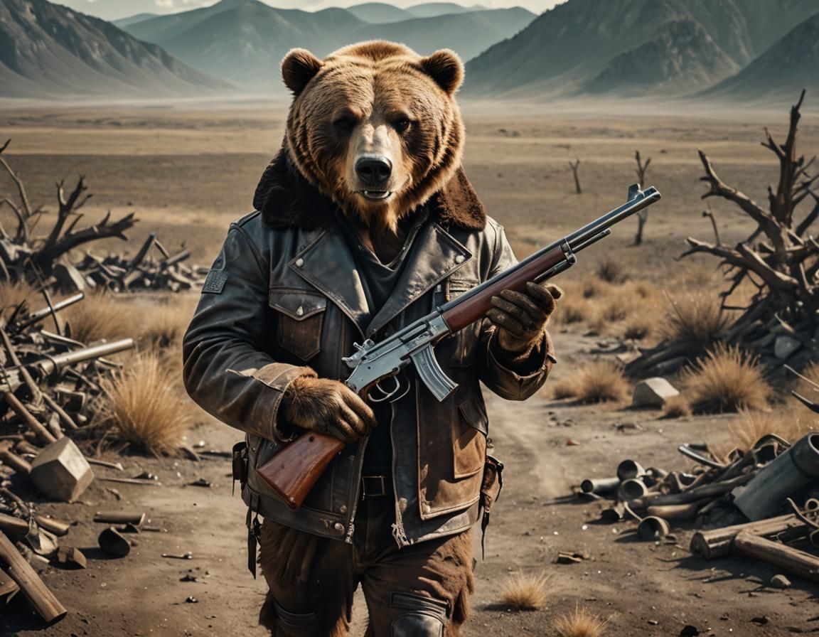 Kodiak Bear in Mad Max Style, Cinematic Still