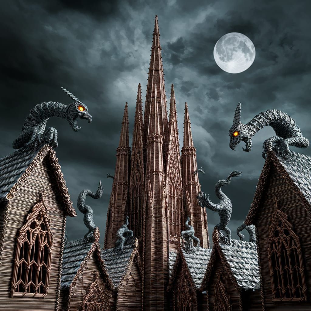 Gothic Cathedral Wire Sculpture in Dreamlike Style