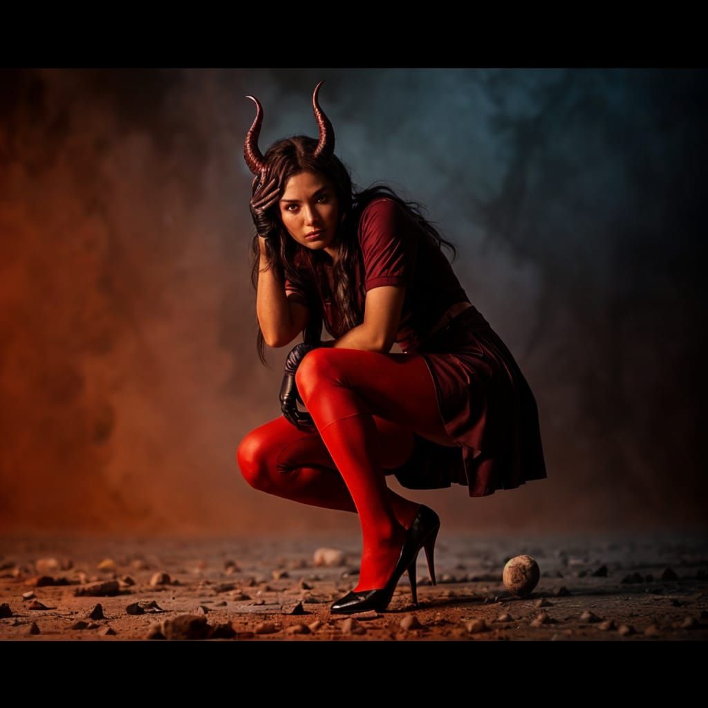 Cinematic Devilish Figure in Garnet Uniform