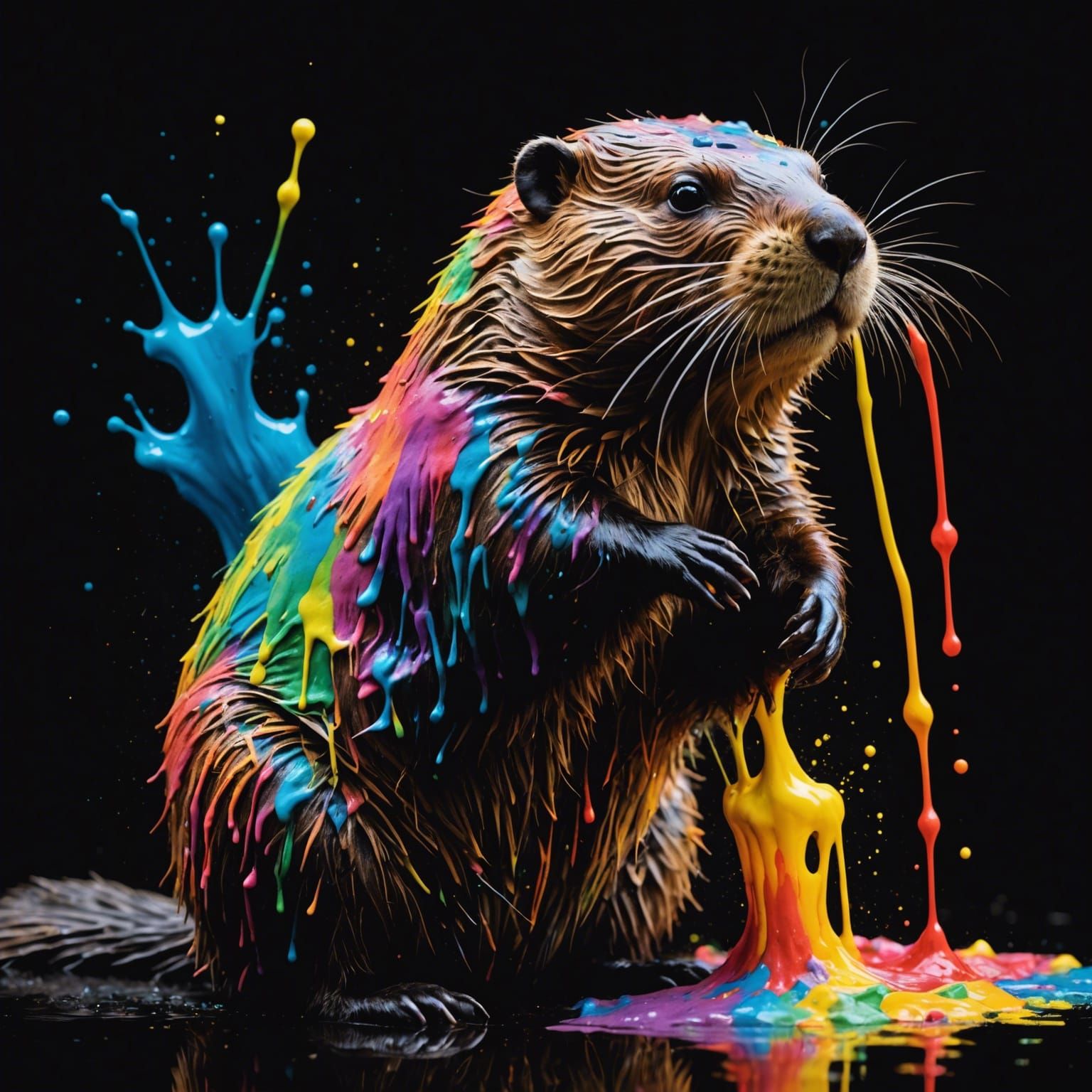 Rainbow Paint Beaver on Black Background