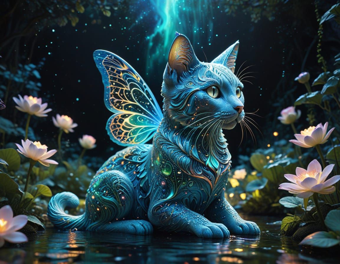 Ethereal Aurora Cat in Cosmic Garden Fantasy Art