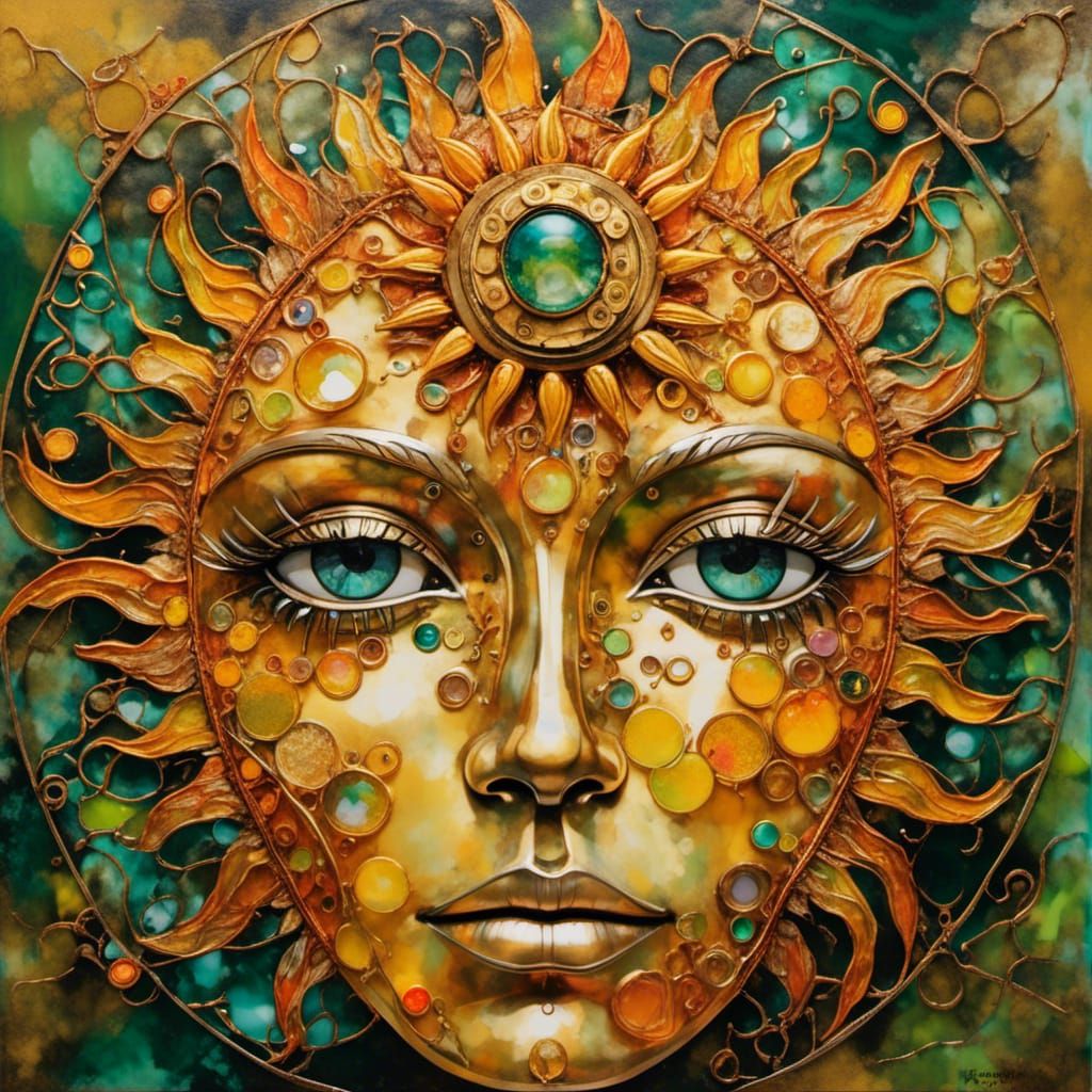 Sun Face with Gold and Green Eyes in Ink