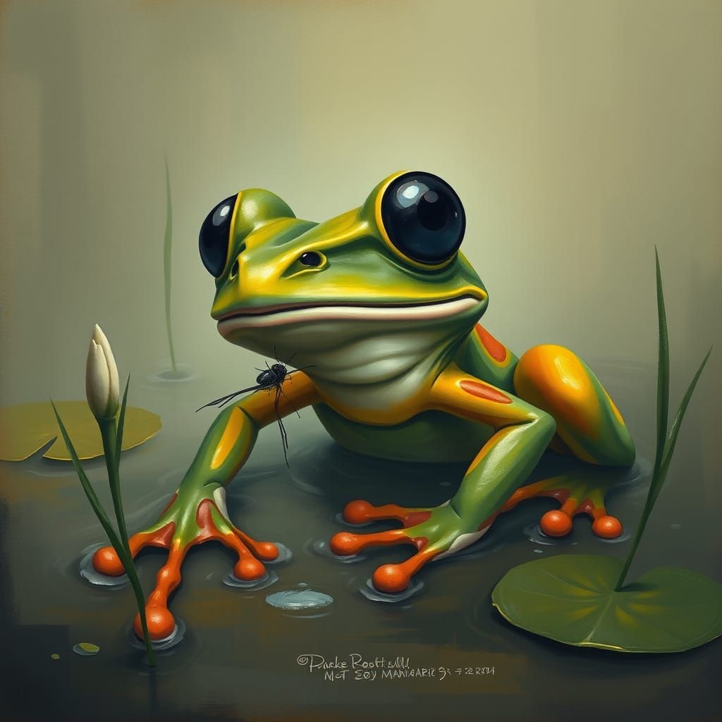 Colorful Frog in Misty Swamp: Surreal Painterly Style