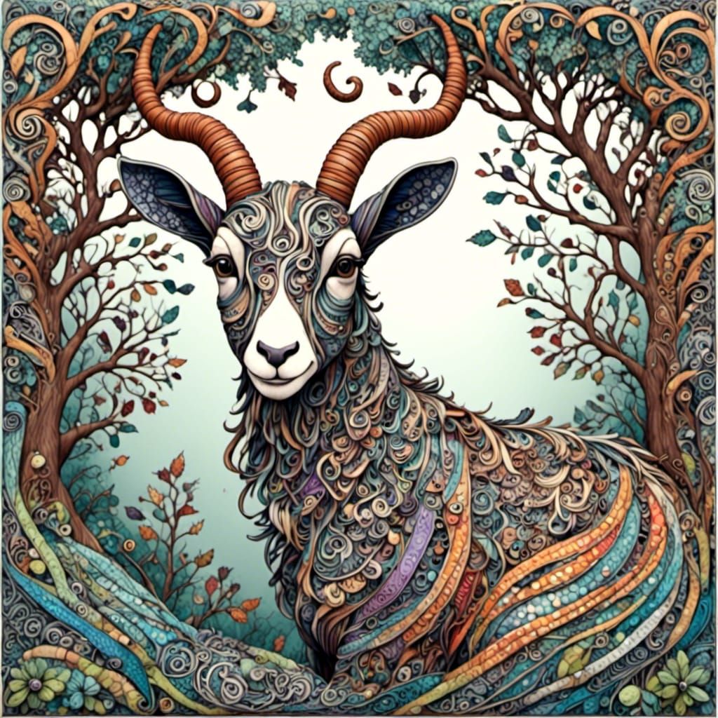 Goat Portrait in Zentangle Pen and Ink Style