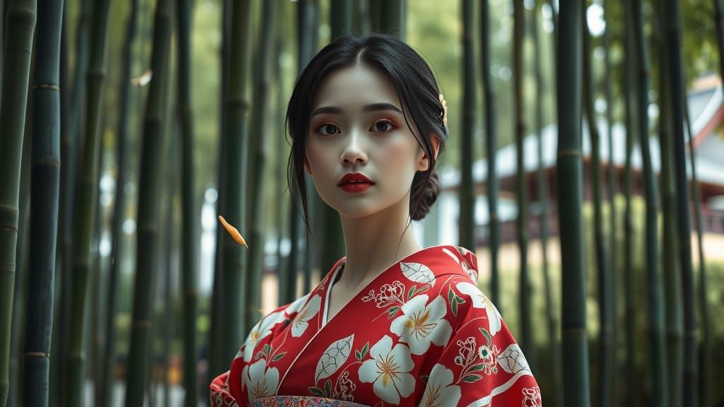 Kimono Beauty in Kyoto Bamboo Grove: Hyperrealistic Portrait