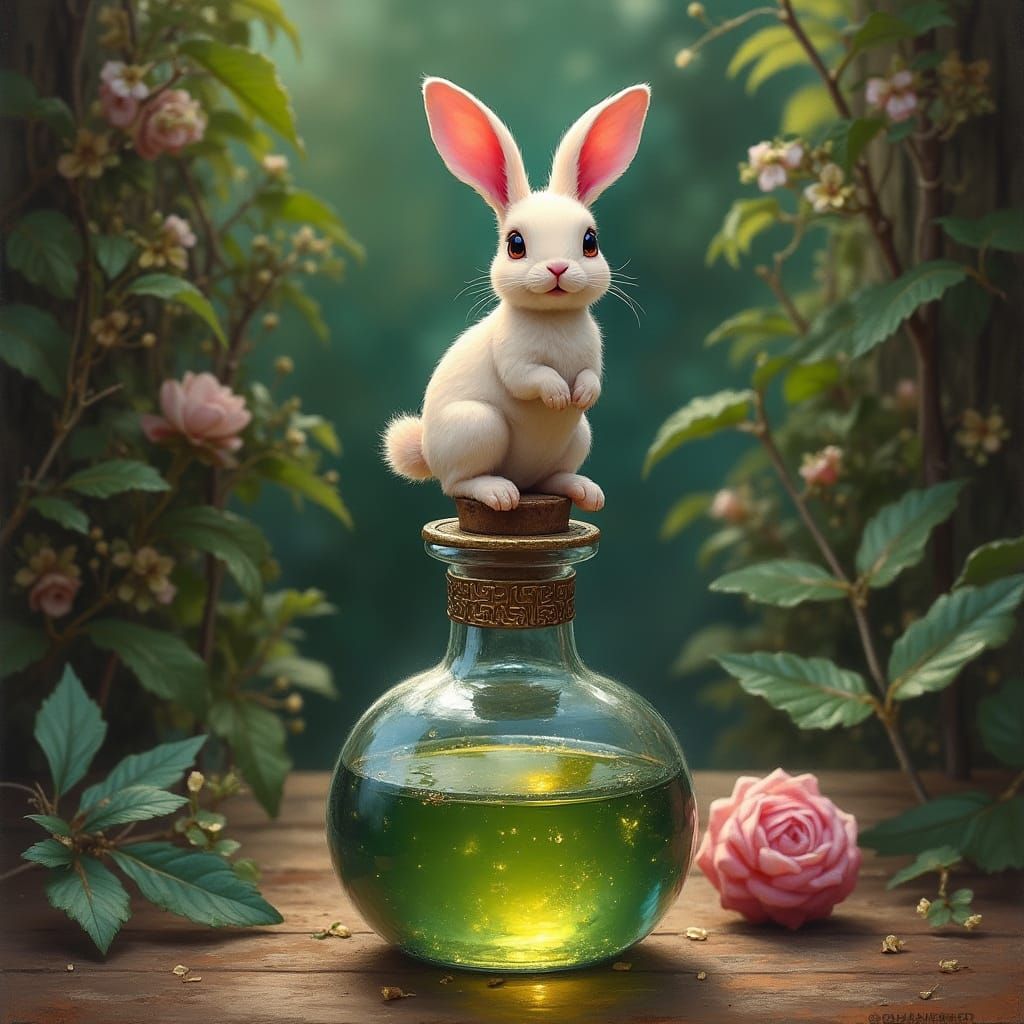 A bejeweled pastel bunny potion bottle