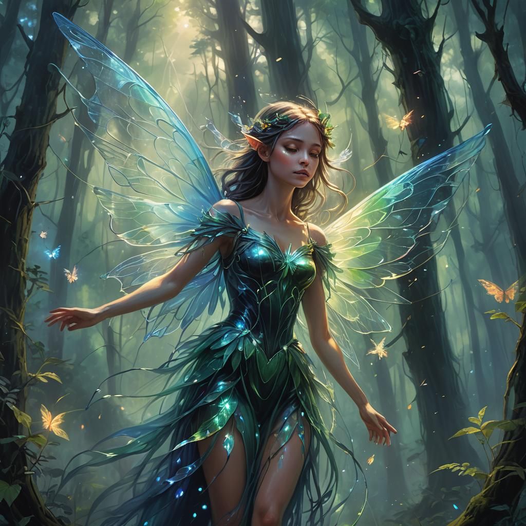 Iridescent Fairy in Misty Forest Concept Art