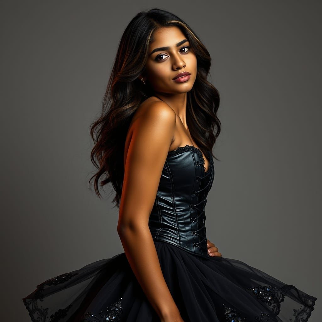 Elegant Indian Woman in Leather Corset with Rainbow Reflecti...