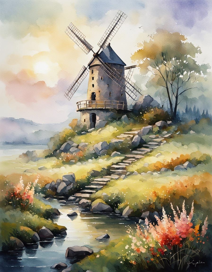 Watercolor Landscape: Windmill, Castle, and Mist