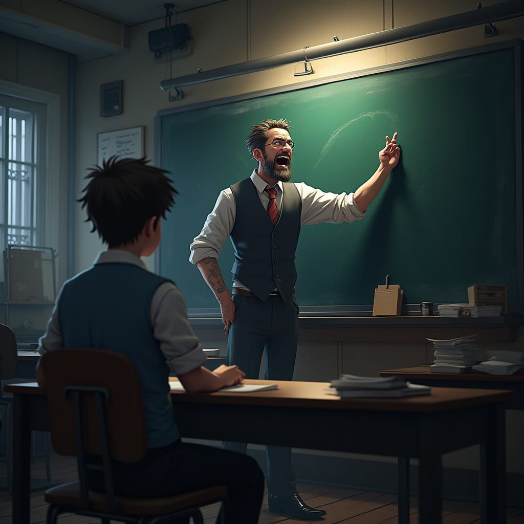 Disciplined Teacher Confronts Student in Dimly Lit Classroom