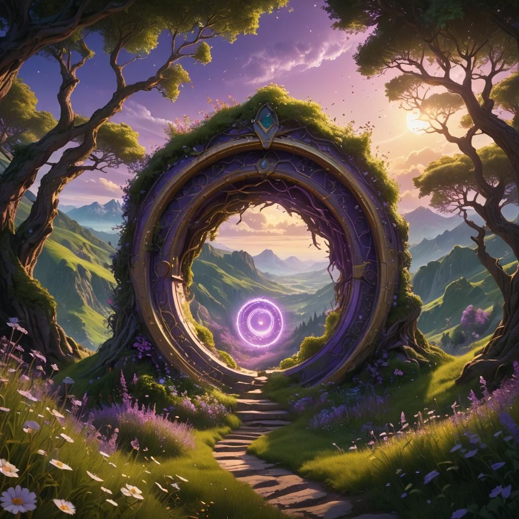Purple Portal on Green Hillside: Digital Matte Painting