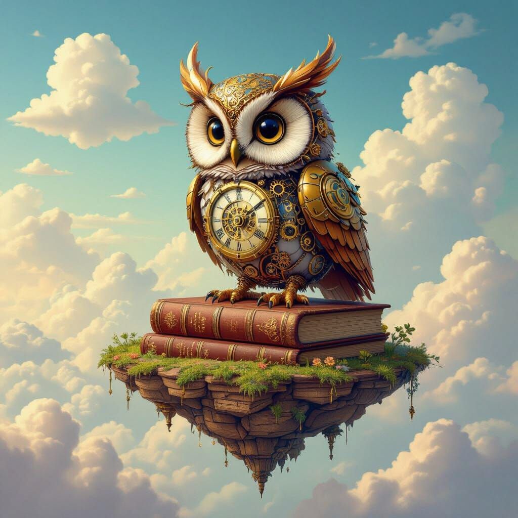 Clockwork Owl on Book Island in Fantasy Art Style