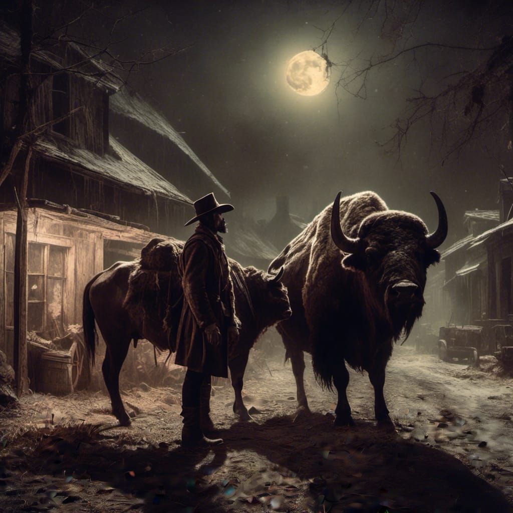 Cowboy and Buffalo Portrait in Macabre Vintage Style