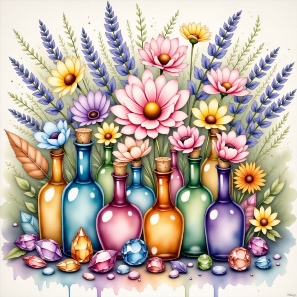 Vibrant Watercolor Still Life of Glass Bottles and Gems