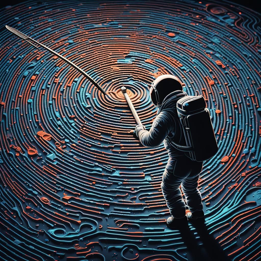 Astronaut Rakes Labyrinth on Moon, Hyperrealistic Splash Art