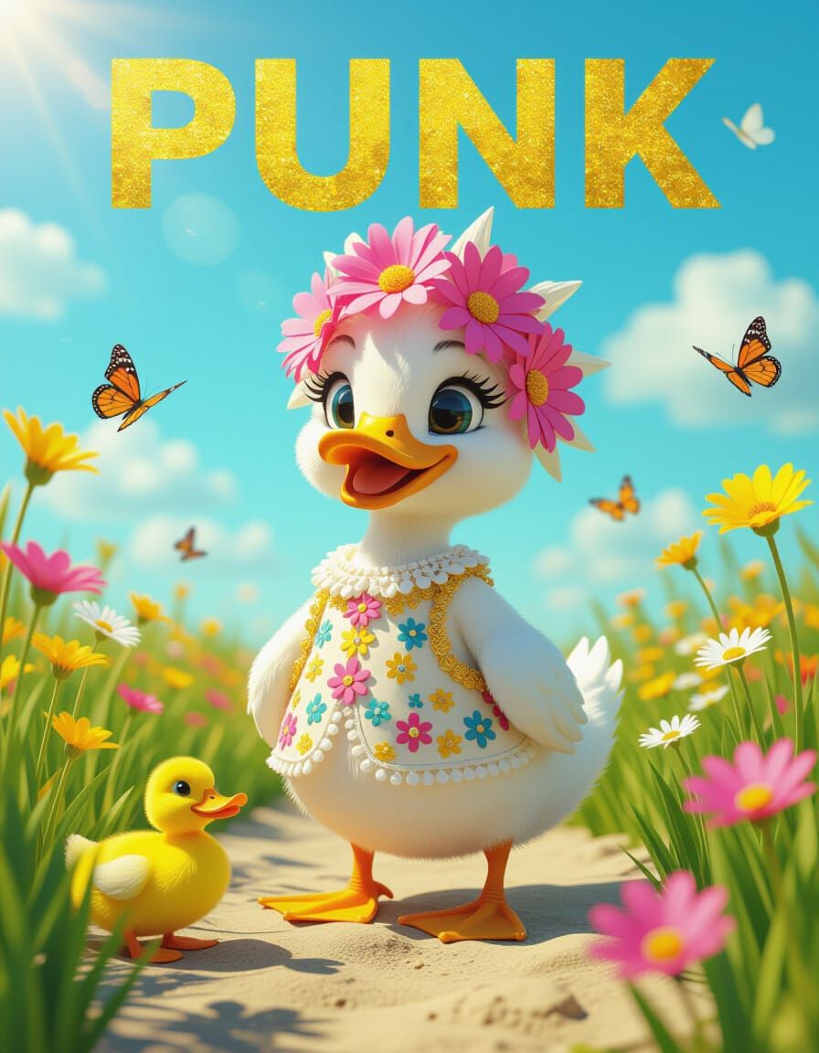 Punk Character in Flower Meadow with Duck