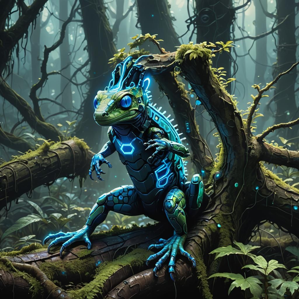Cyberpunk Gecko in Misty Forest with Neon Lights