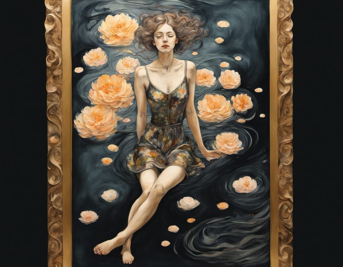 Charcoal Bather in Gold, Ink and Watercolor Style