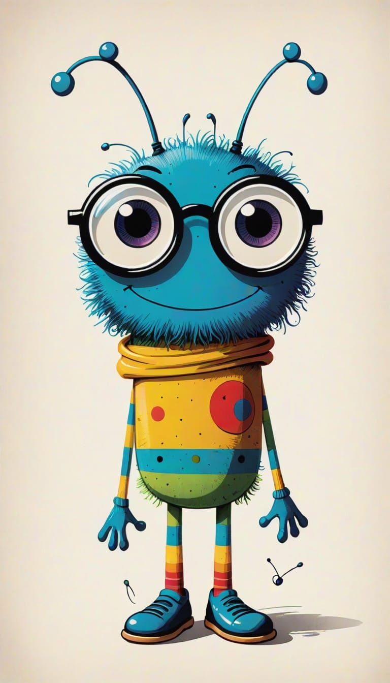 Whimsical Stick Figure Wears Bug Eye Glasses in Colorful Pos...