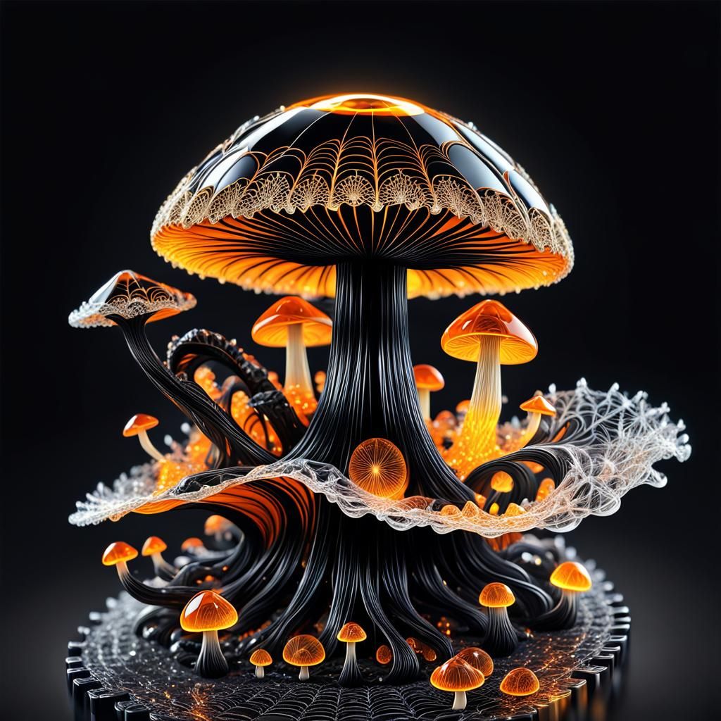 Black Tourmaline Amber Webbed Mushroom