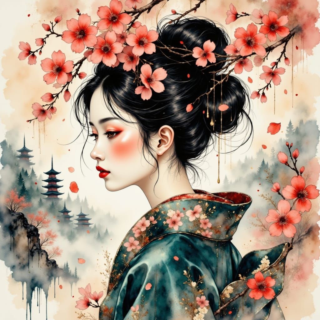 Elegant Geisha Portrait in Painterly Watercolor Style