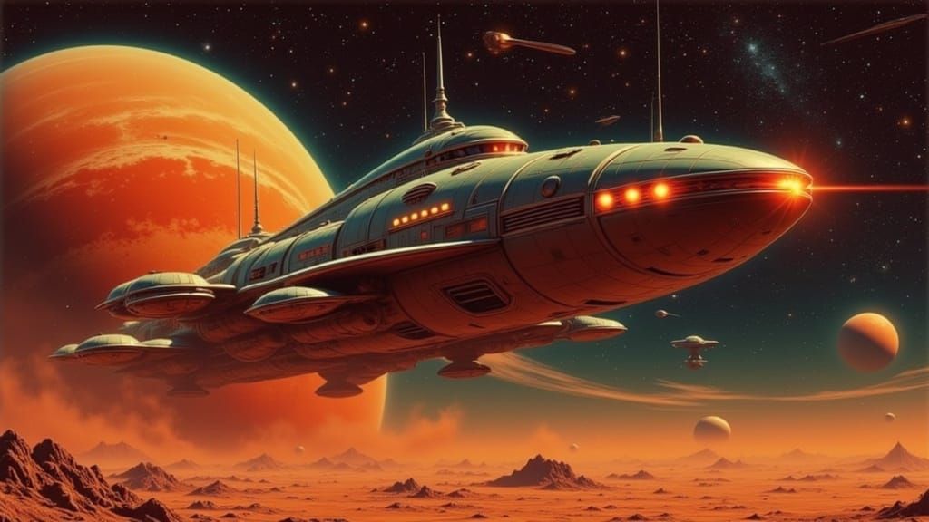Space Noir Ship Glides Past Giant Planet in Retro Film Noir ...