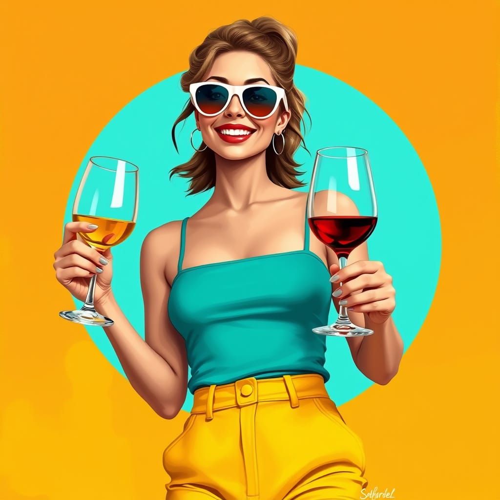 Confident Woman Posed with Wine Glasses in Retro Editorial S...