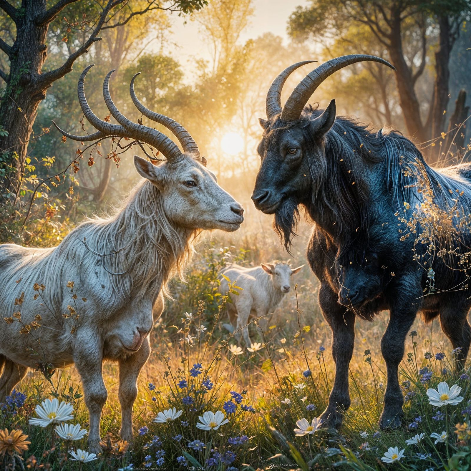 Whimsical Bull and Goat in Ethereal Sunrise Landscape