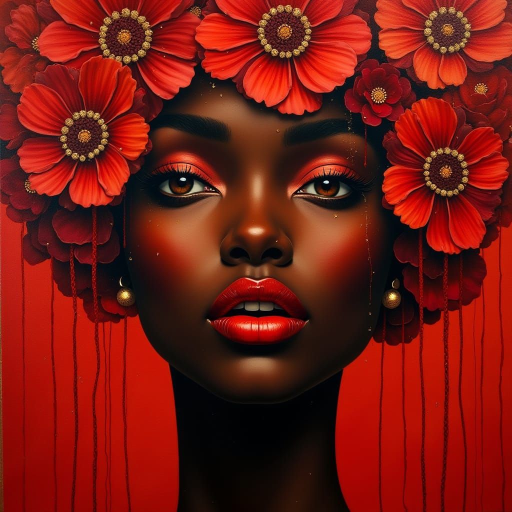 Surreal Red Portrait of Elegant Black Woman with Floral Acce...