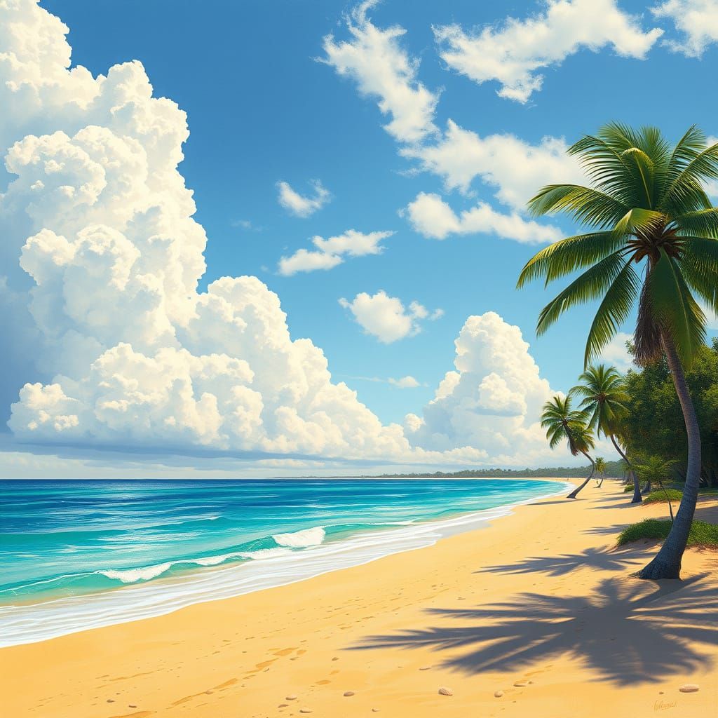 Golden Beachside Oasis with Palm Tree and Clouds
