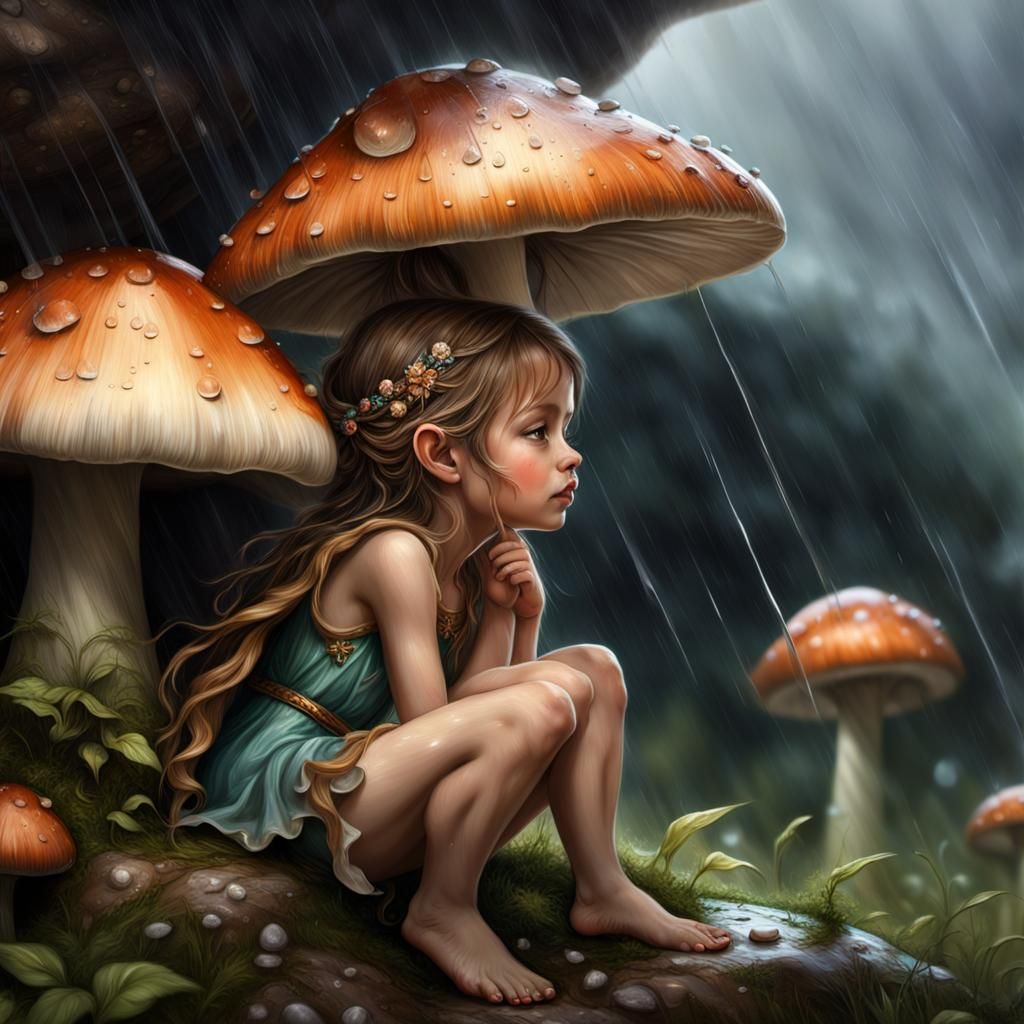 Child Fairy Shelters from Rain: 3D Art