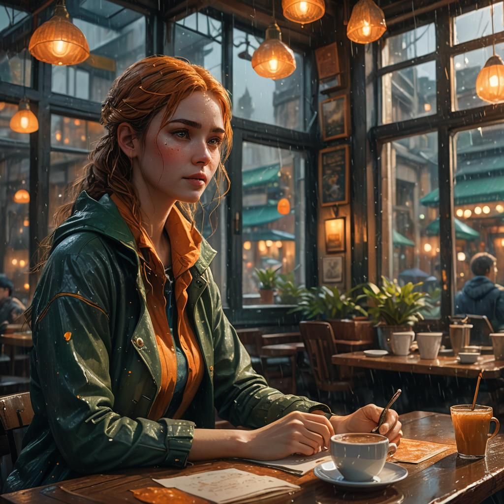Girl Studying in Cozy Cafe: Fantasy Realism