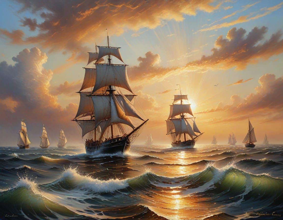 Whimsical Sailboats Under Golden Sunset