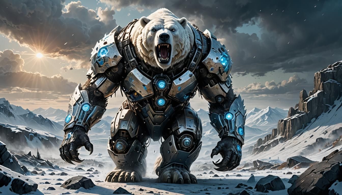 Cyborg Polar Bear Roaring Over Frozen Wasteland