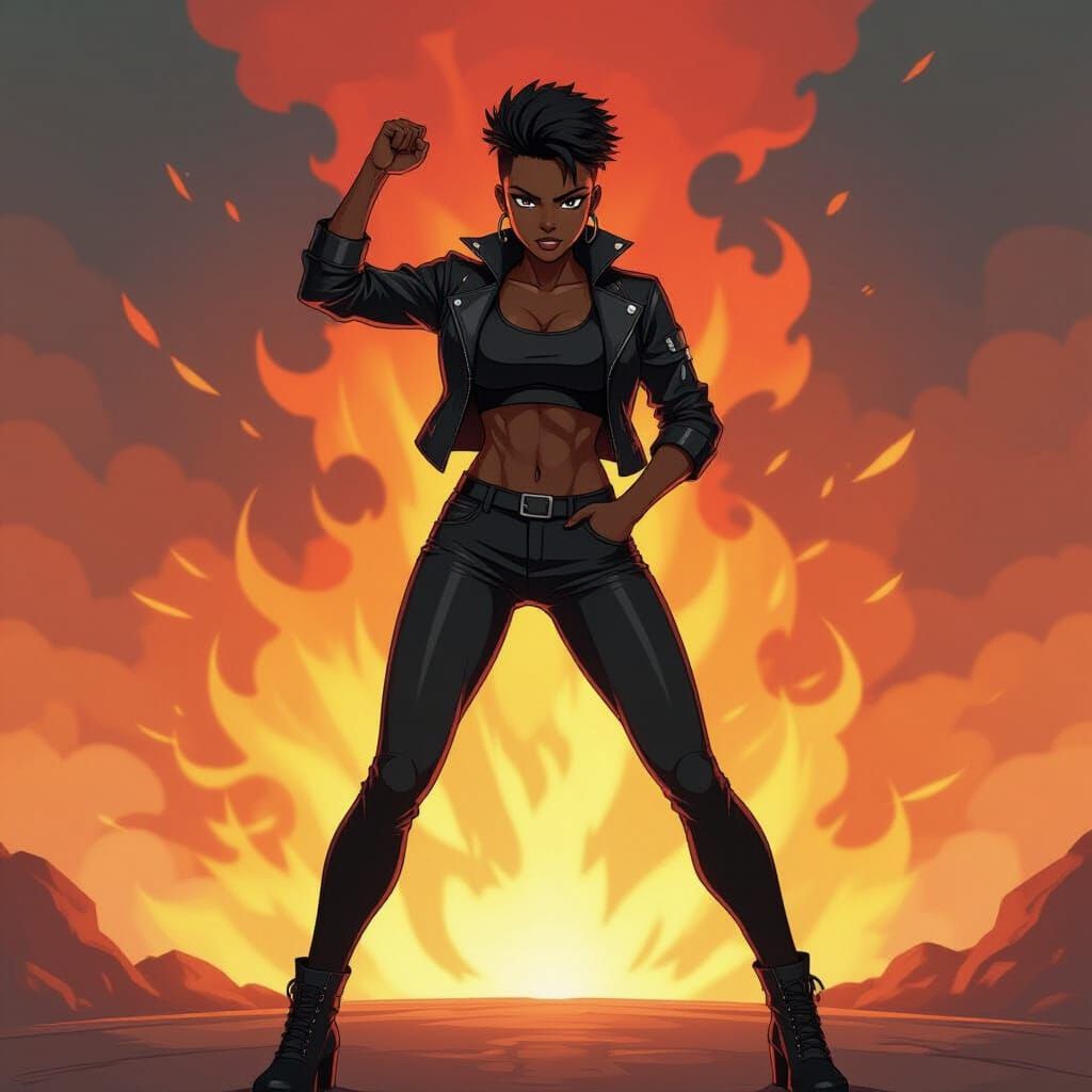 Anime African Woman in Black Jacket with Fiery Background