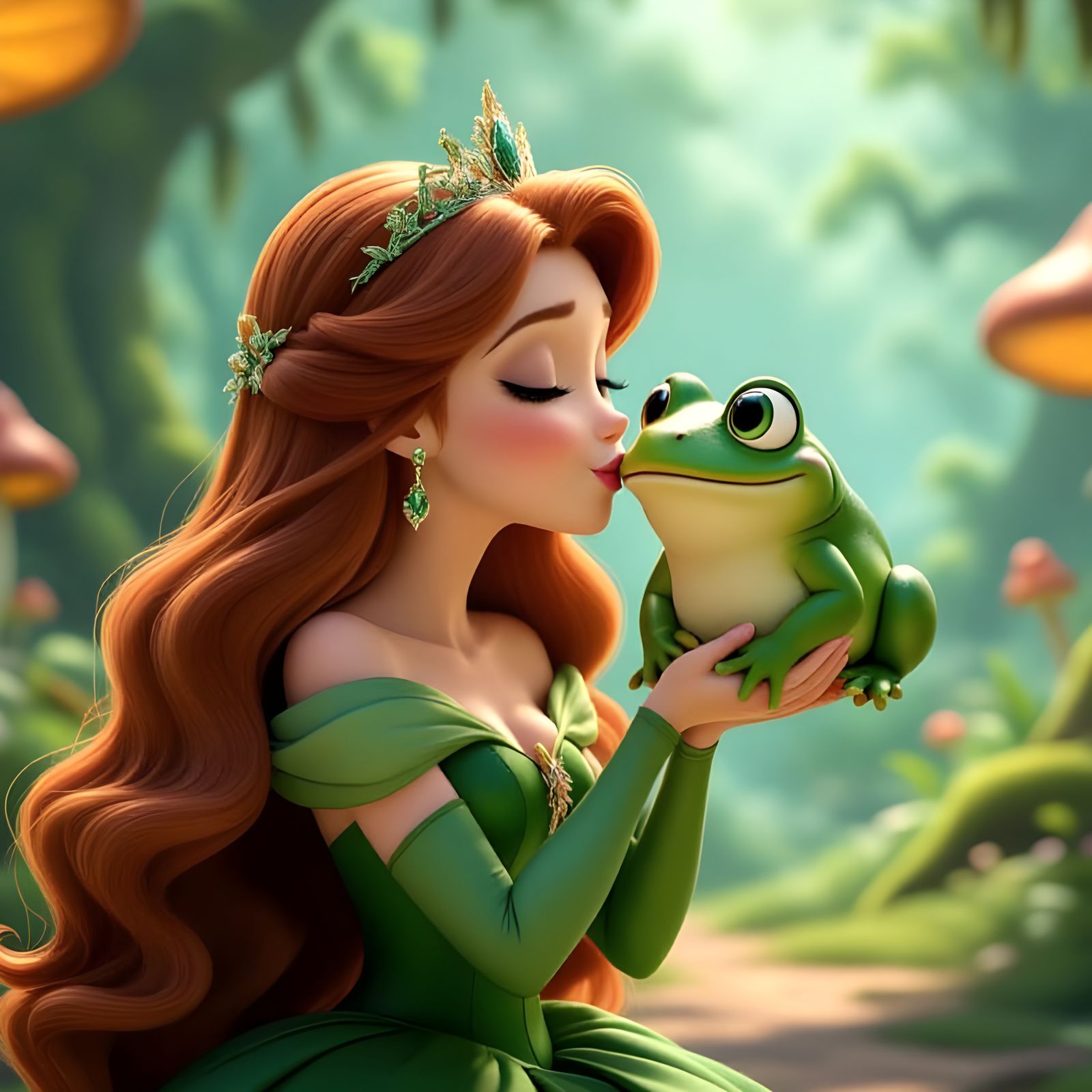 Chibi Princess Attempts Kiss on Frog in Fairytale Forest