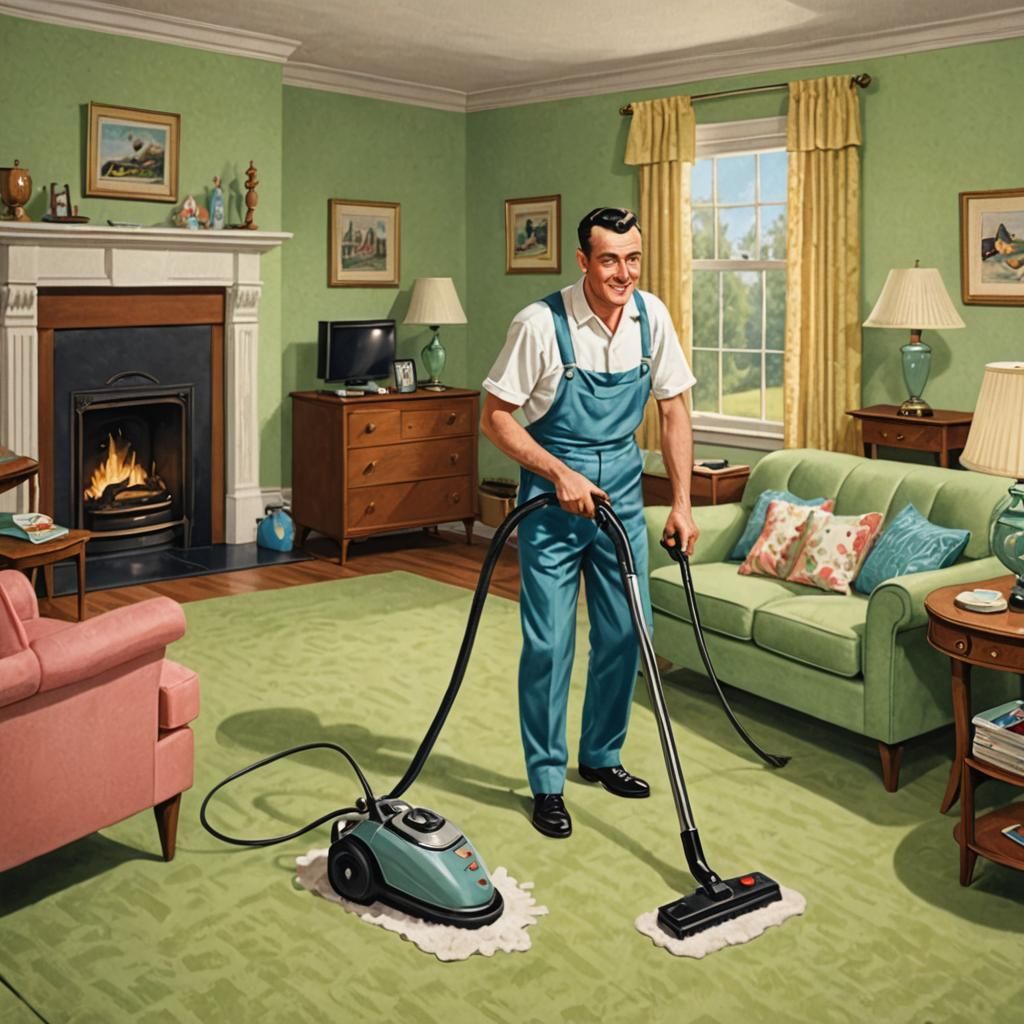 Man as Housewife Vacuuming, Storybook Illustration