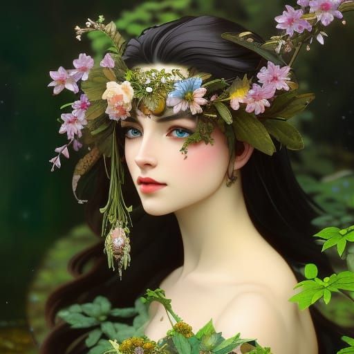 Swamp Fairy Portrait in Alphonse Mucha Style