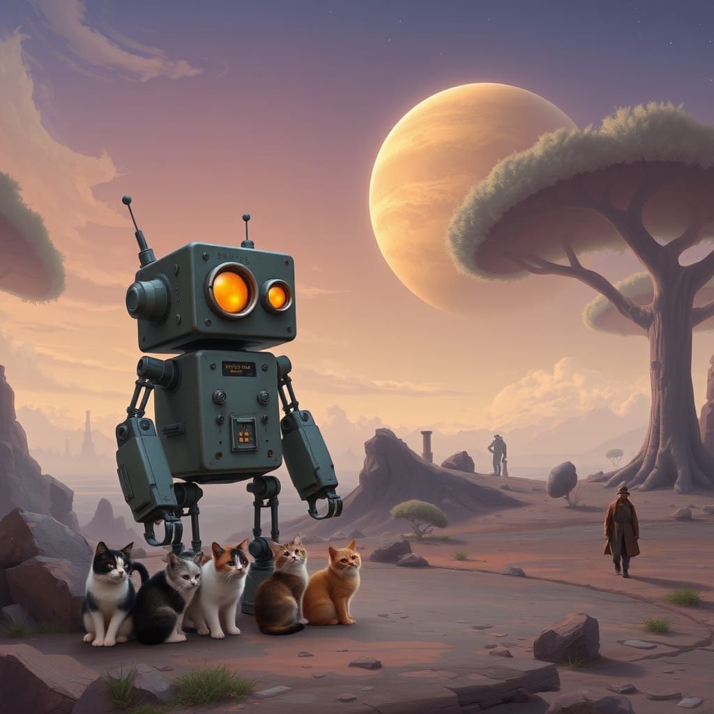 Robot and Cats on Alien Planet in Stรฅlenhag Style