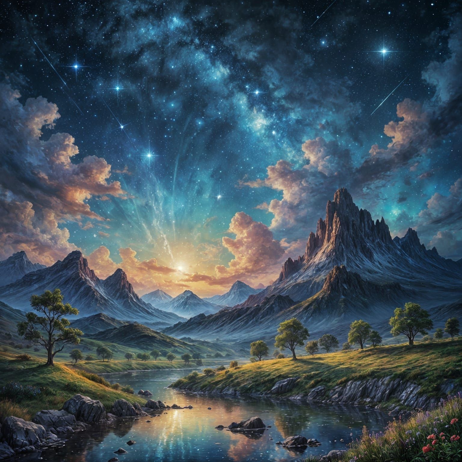 Dreamy Starry Sky in Impressionistic Oil Painting