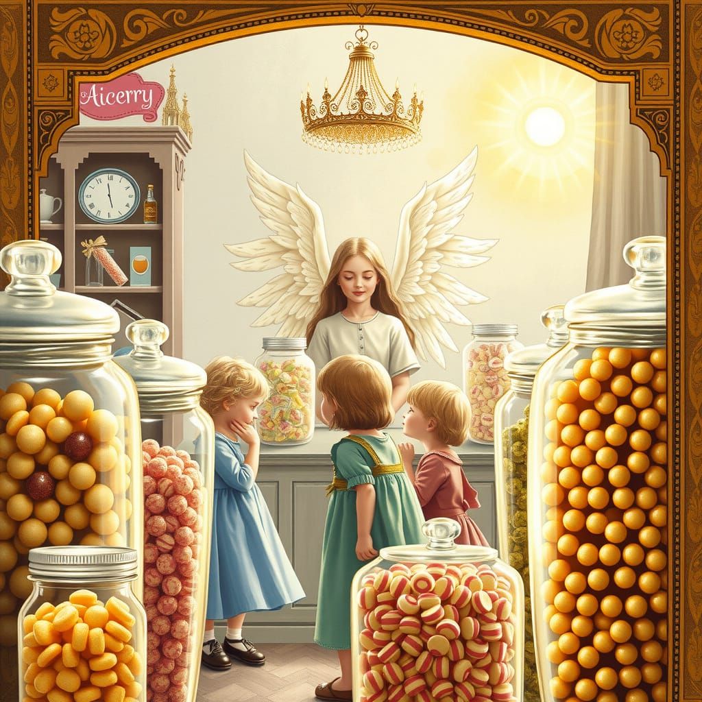 Golden Illuminated Scene of Whimsical Candy Store with Angel...